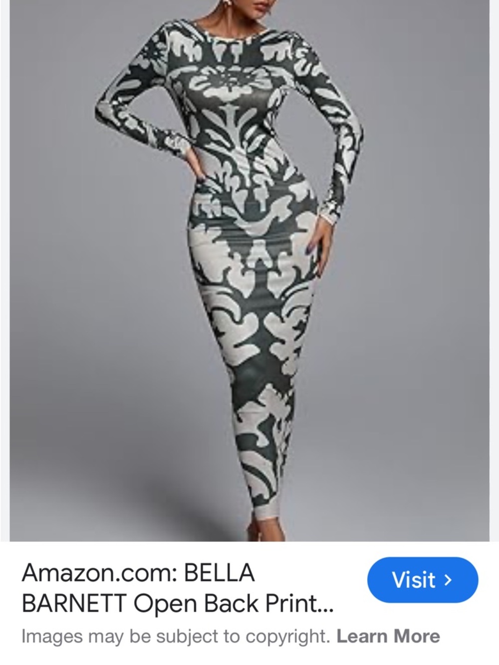 Long Sleeve Printed Bodycon Dress in Green and White